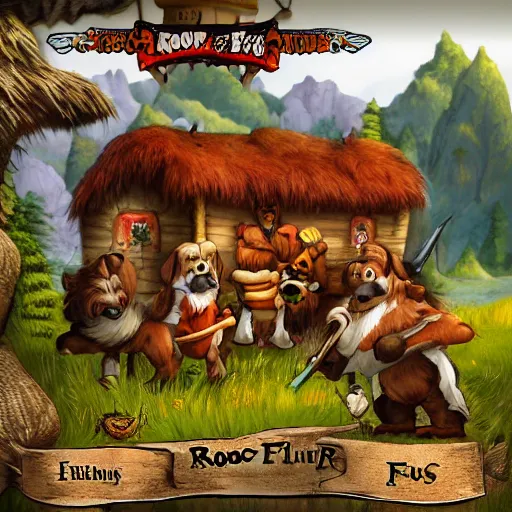 Prompt: roofus the hound fur fighters village