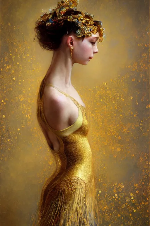 Image similar to an intricate painting of a beautiful young ballerina covered in silk clothes with klimt golden motives and textures, hyper detailed, ornamental gold headpiece, octane render, vivid colors, artstation, by jeremy mann, by alphonse mucha, by boris vallejo