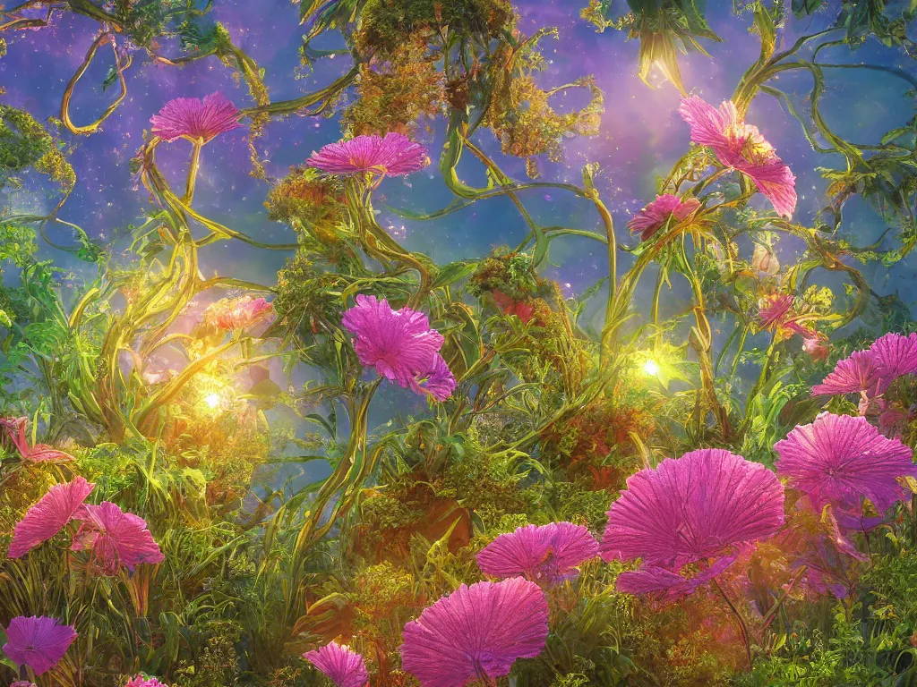 Prompt: sunlight study, the universe is a spheroid region 7 0 5 meters in diameter of kauai wildflower undergrowth, art nouveau, by hans zatzka and ( ( ( ( ( lisa frank ) ) ) ) ), 8 k, sharp focus, octane render