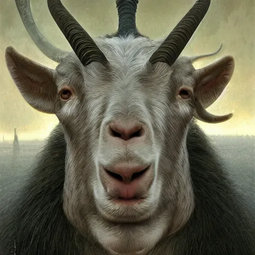 Image similar to vladimir putin is anthropomorphic goat hybrid, macabre, horror, by donato giancola and greg rutkowski and wayne barlow and zdzisław beksinski, digital art