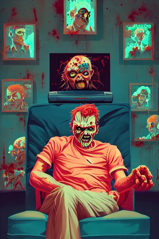 Image similar to a zombie dad sitting on the couch and watching tv, tristan eaton, victo ngai, artgerm, rhads, ross draws