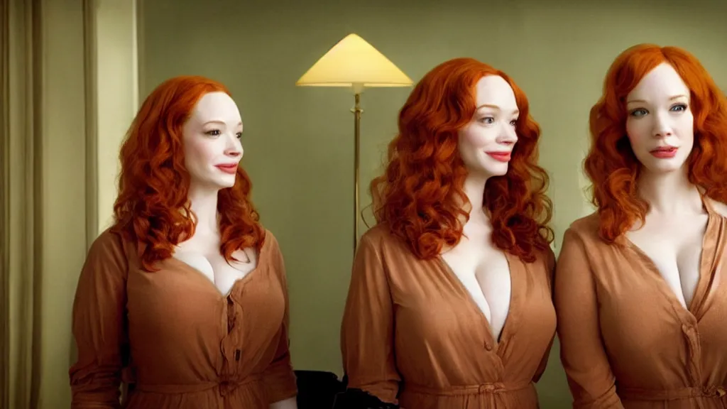 Image similar to a very happy beautiful Christina Hendricks and her twin sister in the living room, film still from the movie directed by Denis Villeneuve with art direction by Salvador Dalí, wide lens