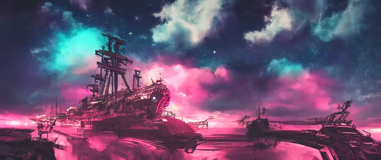 Image similar to space, portrait big dark punk, illustration, punk mohawk, stars, pink, neon, oil painting, rich deep colors masterpiece, pirate neon ship, ultra detailed, contrast, heaven pink, clouds, volumetric light, atmospheric lighting, dramatic, cinematic, moody, octane render 4 k, 8 k