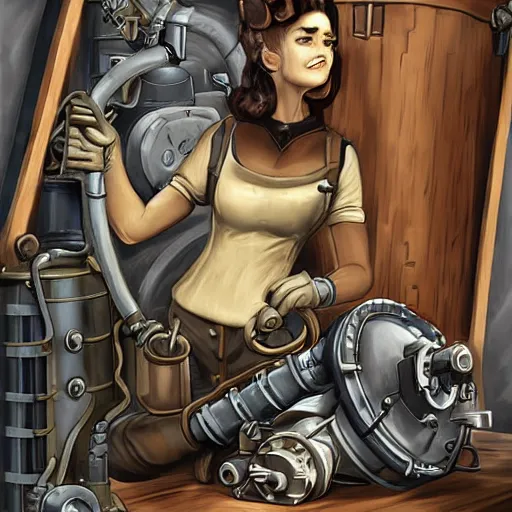 Image similar to dieselpunk wolf mechanic working on engine, fantasy, art station