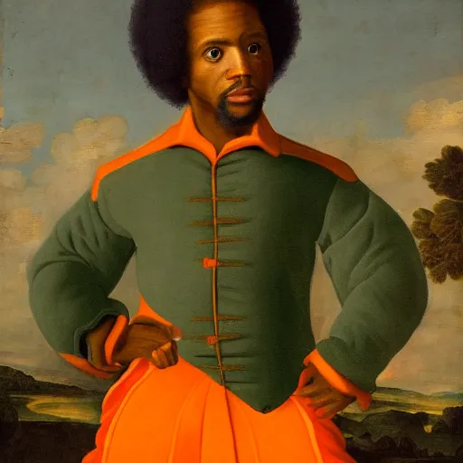 Image similar to photograph of a black man with afro hair wearing an army green adidas jacket riding an orange colored bull!!, renaissance style painting