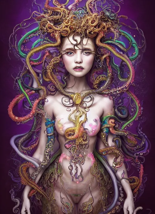 Image similar to A full body shot of a cute and mischievous monster princess made of tentacles wearing an ornate ball gown covered in jewels. Fancy Dress. Subsurface Scattering. Translucent Skin. Rainbow palette. rainbowcore. Eldritch Beauty. defined facial features, symmetrical facial features. Opalescent surface. beautiful lighting. By Giger and Ruan Jia and Artgerm and WLOP and William-Adolphe Bouguereau. Photo real. Hyper-real. Photorealism. Fantasy Illustration. Sailor Moon hair. Masterpiece. trending on artstation, featured on pixiv, award winning, cinematic composition, dramatic pose, sharp, details, Hyper-detailed, HD, HDR, 4K, 8K.