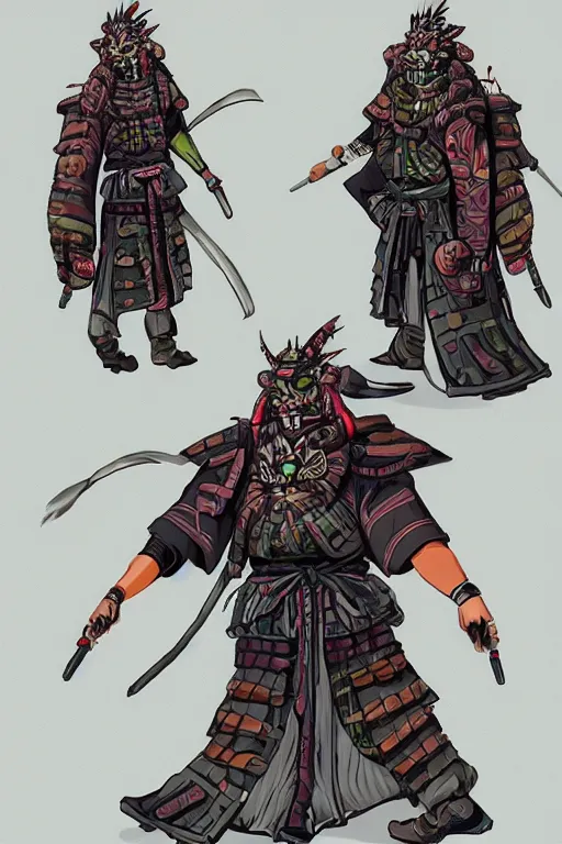 Prompt: samurai yokai cyberpunk kaiju shaman, character concept art