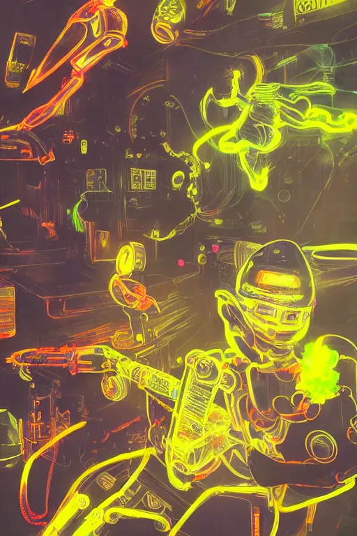 Image similar to a scene with a intricate anime figurine that looks like a transparent plastic robot with a lot of fluo colored details with yellow smoke, moody light, hyper real painting