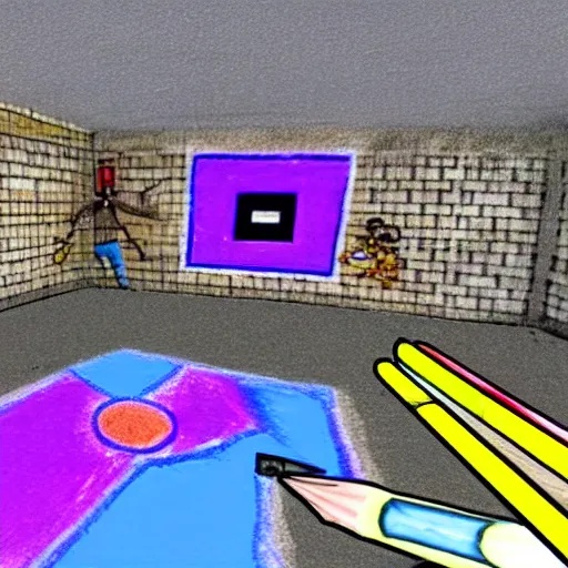 Prompt: children's crayon drawing of quake iii area deathmatch, fps, video game screenshot