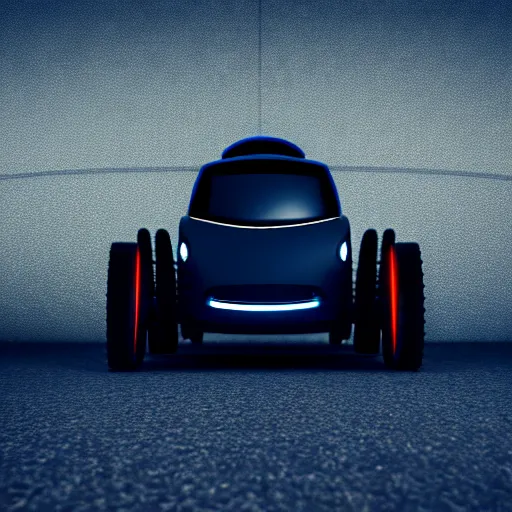 Image similar to a cute little robot of front of a car. super realistic 8 k render of a dark hooded powerful elegant, cinematic composition