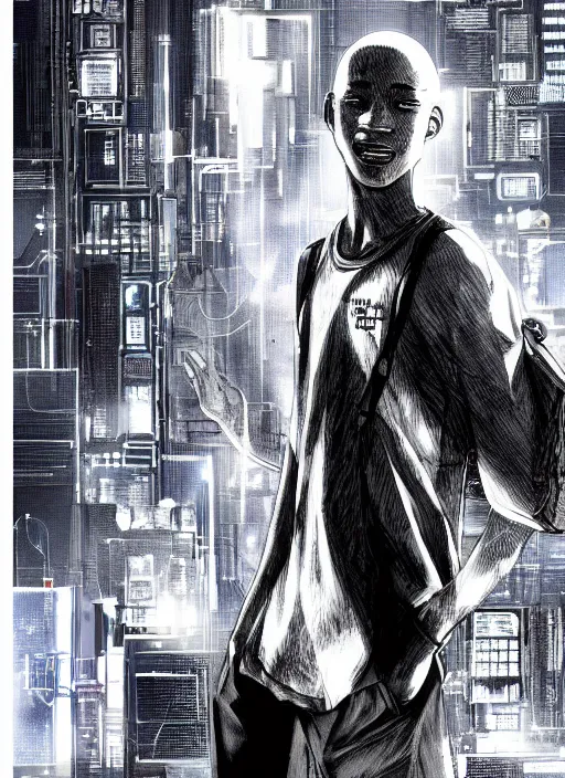 Prompt: character illustration illustrated by tatsuki fujimoto, bald african-american male teenager wearing a white tank-top, intricate cyberpunk city, emotional lighting