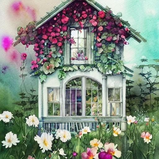 Image similar to watercolor flower houses in a serene landscape by anna dittmann, by marco mazzoni