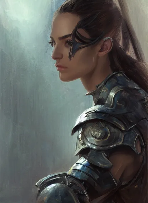 Image similar to a professional painting of a beautiful young female, clothed in military armor, olive skin, long dark hair, beautiful bone structure, symmetrical facial features, intricate, elegant, digital painting, concept art, smooth, sharp focus, illustration, from Knights of the Old Republic, by Ruan Jia and Mandy Jurgens and Artgerm and William-Adolphe Bouguerea