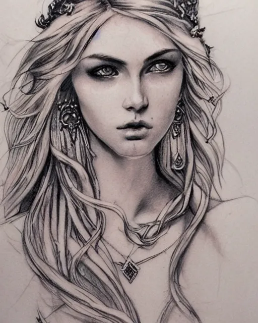 Image similar to tattoo sketch of beautiful greek goddess aphrodite with arrowhead earrings, beautiful piercing eyes, flowing blonde hair, realistic face, hyper realistic, in the style of greg rutkowski, fantasy, amazing detail, epic, intricate, elegant, smooth, sharp focus