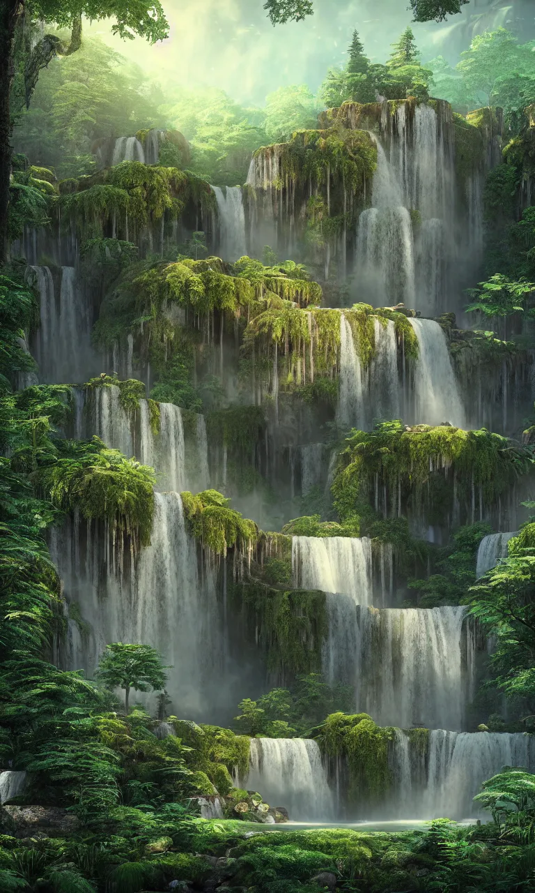 Image similar to beautiful big house in the forest, a big waterfall flows down from the mountain, octane render, fabulous, hyper detailed, random cinematic view, no noise, global illumination, warm lighting, volumetric, godrays, vivid, beautiful, by jordan grimmer