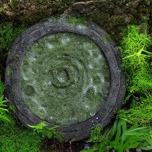 Image similar to stone stargate, mossy, portal to another world