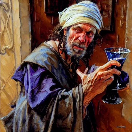 Prompt: talking medieval beggar in rags with a drop, drink the wine, fantasy character portrait by michael garmash, donato giancola