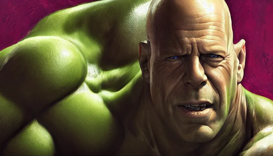 Image similar to bruce willis is hulk paint by various artists, hyperdetailed, artstation, cgsociety, 8 k