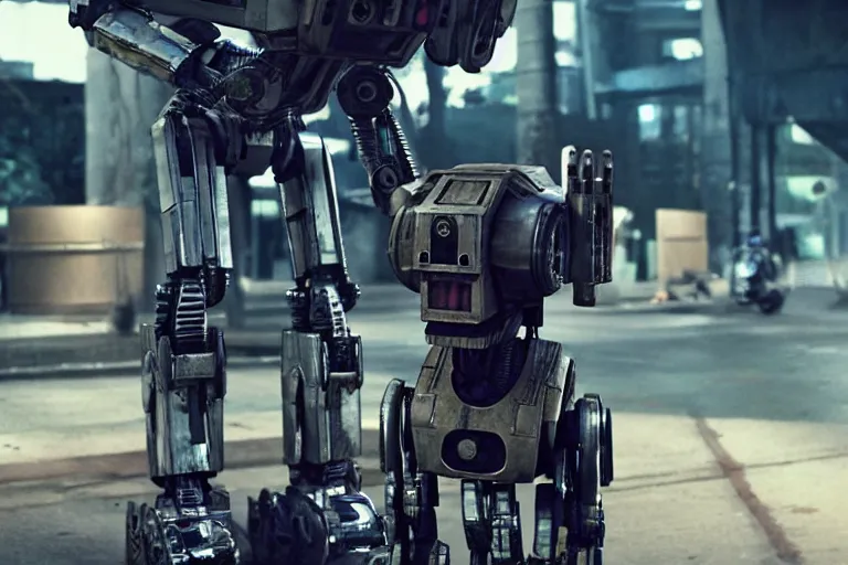 Image similar to film still from the movie chappie of the robot chappie shiny metal outdoor scene bokeh depth of field furry anthro anthropomorphic stylized wolf dog canine ears head android service droid robot machine fursona