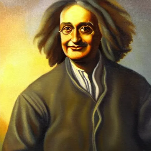 Image similar to oil painting portrait of the lovechild of Isaac Newton and Albert Einstein