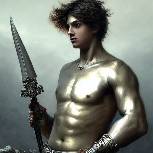 Image similar to artstation concept of a Young man with a bare upper body holding a sword in both hand, silver, shiny colorful, hyperdetailed, artstation trending, world renowned artists, worth1000.com, historic artworks society, antique renewel, cgsociety, by greg rutkowski, by Gustave Dore, Deviantart