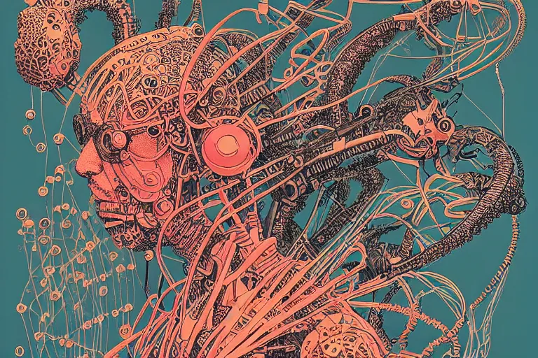 Prompt: risograph grainy drawing vintage sci - fi, satoshi kon color palette, arzach bird covered with robot parts and wires, wearing futuristic layered scaphander with lot tentacles, insects and dragonflies around, painting by moebius and satoshi kon and dirk dzimirsky close - up portrait