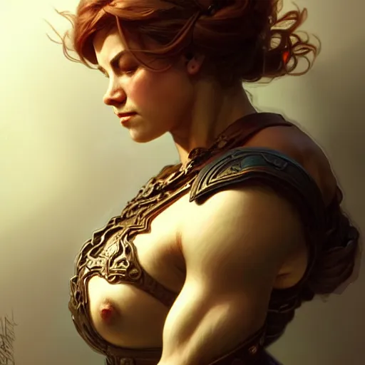 Image similar to dwarf, muscular upper body, D&D, fantasy, intricate, elegant, highly detailed, digital painting, artstation, concept art, smooth, sharp focus, illustration, art by artgerm and greg rutkowski and alphonse mucha