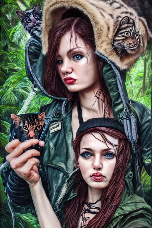 Image similar to cute punk rock girls making selfie in jungles with cats, mad max jacket, renaissance, cables on her body, hyper realistic style, oil painting, highly detailed, 4K, fantasy by Olga Fedorova