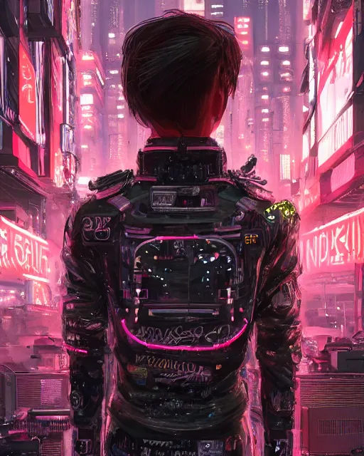 Prompt: detailed portrait neon guard man with short brown hair seen from the back, cyberpunk futuristic, reflective puffer jacket, black leggings, decorated with traditional ornaments in front of a dystopian crowd with piles of garbage perfect face, fine details, realistic shaded, fine - face, pretty face by rossdraws