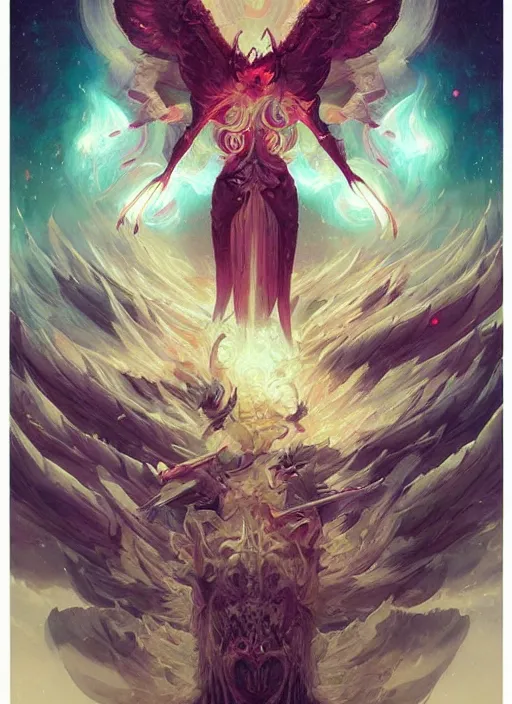 Prompt: symmetry!! cancer!!!! highly detailed, high contrast, light reflection, devil's wings, feathers, devil's sword, trippy, nebula, trending on art station by artgem, by peter mohrbacher, by wlop, by ruan jia