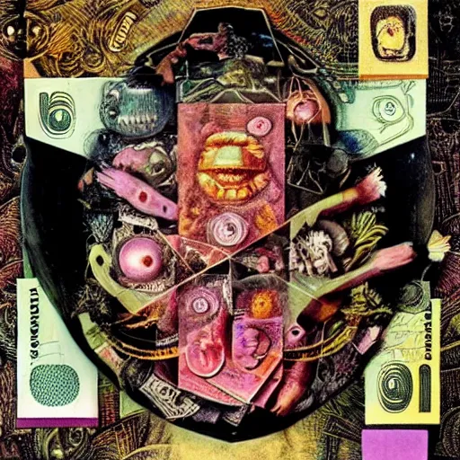 Image similar to post - punk new age album cover, asymmetrical design, dollar bank notes, magic, apocalypse, psychedelic, black white pink, magic, giger h. r., giuseppe arcimboldo