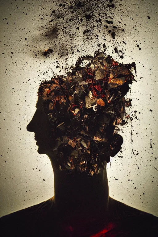 Image similar to a dark high quality studio portrait of an exploding human head made from antique newspaper, intricate, morbid, dark cinematic lighting, surreal photography, simon stalenhag