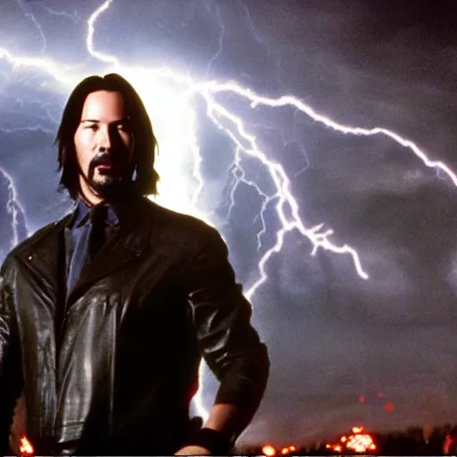 Prompt: Keanu Reeves, Greek God of Guns and Rock, Lightning and thunder on background, cinematic lighting