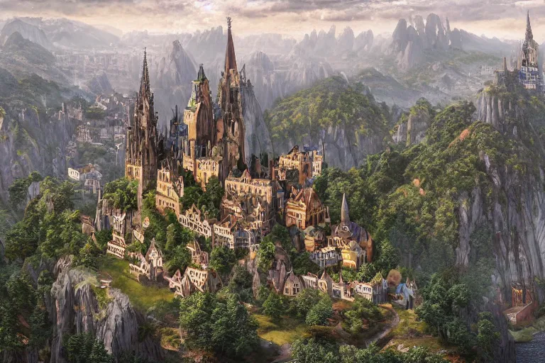 Image similar to an ultra detailed matte landscape painting of an german gothic capital city built into the side of a mountain with many tall spirally towers, sweeping vista, tiny coastal fishing village very far away, ultrawide lens, aerial photography, 8 k, volumetric lighting, smooth, highly detailed, digital illustration, art by greg rutkowski and akira toriyama and artgerm