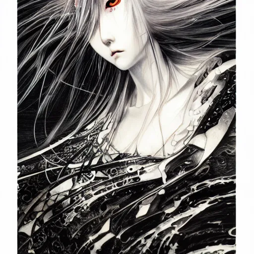 Image similar to yoshitaka amano realistic illustration of an anime girl with black eyes, wavy white hair fluttering in the wind and cracks on her face wearing elden ring armor with engraving, abstract black and white patterns on the background, noisy film grain effect, highly detailed, renaissance oil painting, weird portrait angle, three quarter view