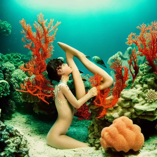 Image similar to medium format photograph of a surreal fashion shoot underwater with tropical fish and coral reefs