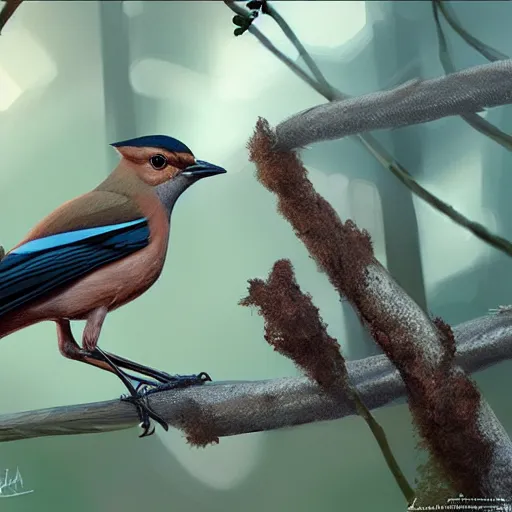 Image similar to brown spanish jay bird, garrulus glandarius, arrendajo in avila pinewood, 4 k, concept art, by wlop, ilya kuvshinov, artgerm, krenz cushart, greg rutkowski, pixiv. cinematic dramatic atmosphere, sharp focus, volumetric lighting, cinematic lighting, studio quality