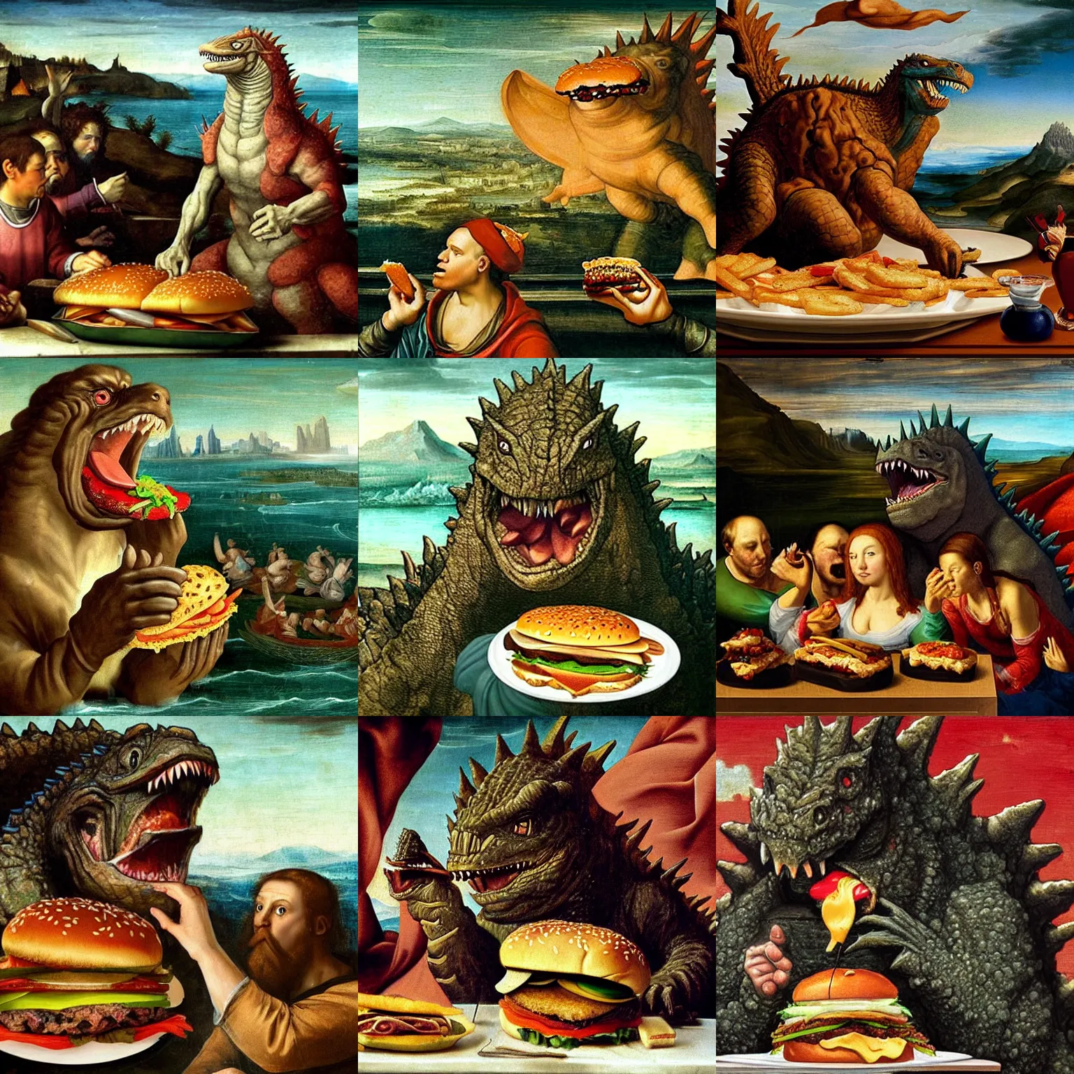 Prompt: renaissance painting of godzilla eating a burger, artistic, detailed, historical