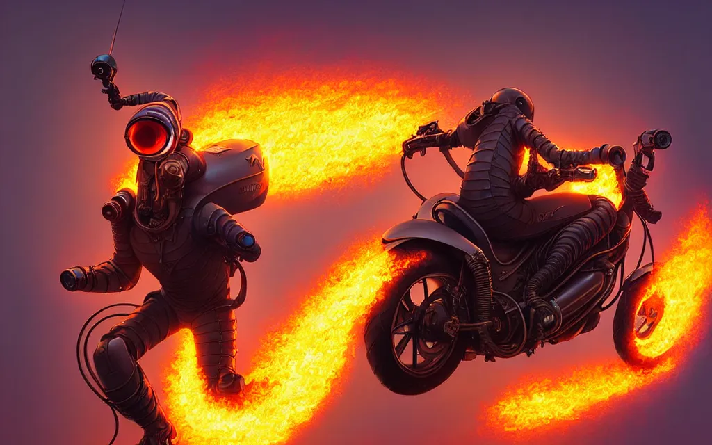 Image similar to weta disney pixar character shot of 🏍 by pixar : : flames : : by weta, greg rutkowski, wlop, ilya kuvshinov, rossdraws, artgerm, marvel, unreal engine, bright morning, anime