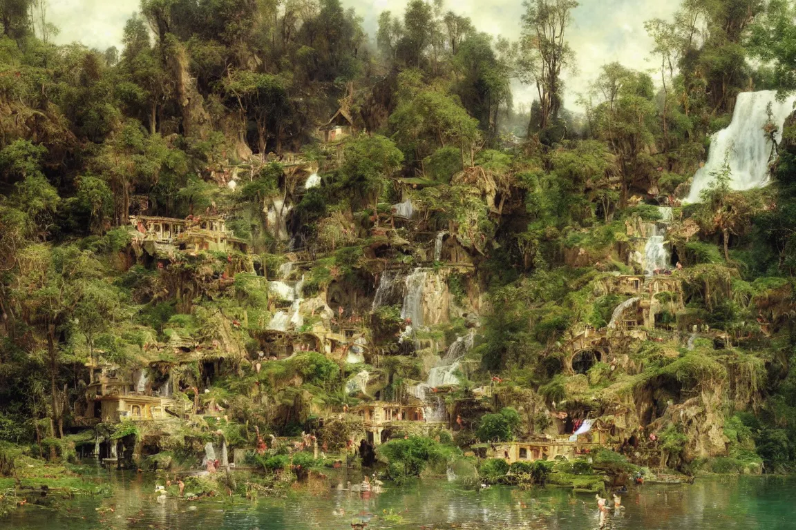 Image similar to a small village by a lake, waterfalls, cascades, very detailed, by john berkey, albert bierstadt, ruan jia, lawrence alma tadema, zdzislaw beksinski, carl spitzweg, everett raymond kinstler, norman rockwell, jack kirby, tom lovell, greg staples