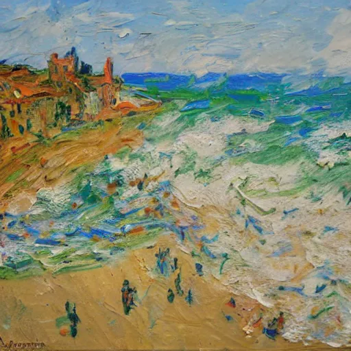 Prompt: oil paint impasto relief, beautiful painting of a sunny italian beach scene, multi layered thick brush marks, some splattered paint, in the style of monet and frank auerbach