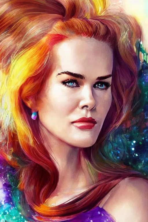 Image similar to mix of beautiful young maria shriver, mariel hemmingway, brooke shields, nicole kidman and elle macpherson as a mermaid, thin lips, hair tied up in a pony tail, dark hair, colorful, artstation, cgsociety