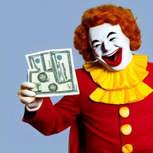 Prompt: Ronald McDonald laughing greedily full of money