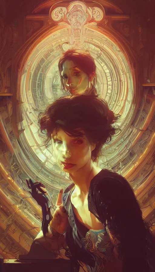 Image similar to entertainer, neon, fibonacci, sweat drops, insane, intricate, highly detailed, digital painting, artstation, concept art, smooth, sharp focus, illustration, Unreal Engine 5, 8K, art by artgerm and greg rutkowski and alphonse mucha