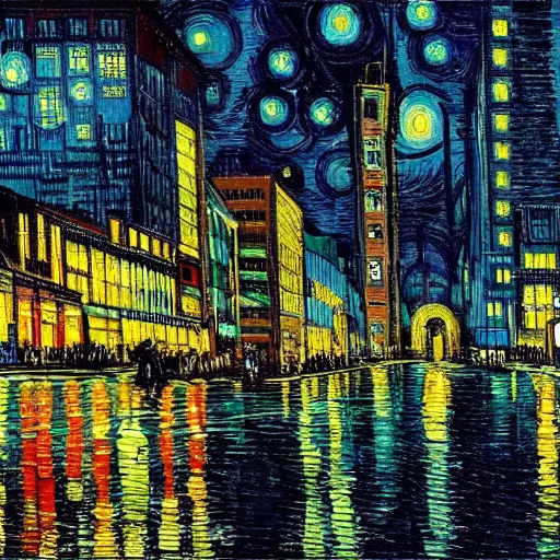 Prompt: a cyberpunk painting of a cityscape by Van Gogh