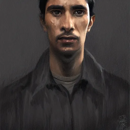Image similar to portrait of a peruvian man by greg rutkowski, he is about 3 0 years old, short black hair with bangs, very tall and slender, he is wearing a beige and black utility jumpsuit, highly detailed portrait, digital painting, artstation, concept art, smooth, sharp focus ilustration, artstation hq