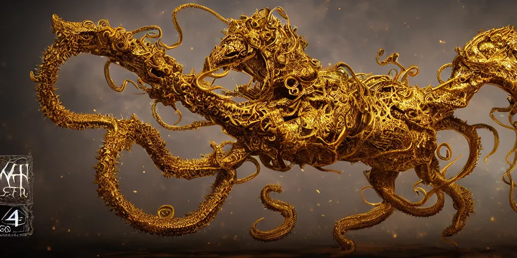 Image similar to a photo of 8k ultra realistic corrupted lovecraftian golden horse, 8 intricate white and gold tentacles, ornate white and gold armour, cinematic lighting, trending on artstation, 4k, hyperrealistic, focused, extreme details, unreal engine 5, cinematic, masterpiece