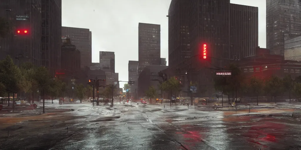 Prompt: anti - imperialist downtown denver with heavy rain, cinematic, ultra - realistic, ultra - detailed, octane render, unreal engine 5, depth of field