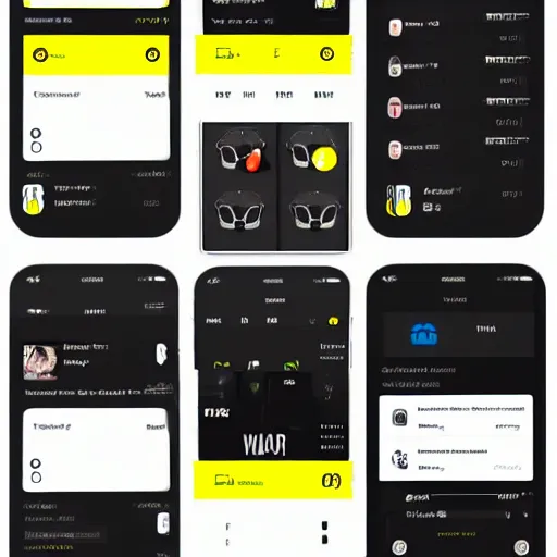 Image similar to a full ux layout of a connected car dashboard and marketplace mobile app for ios with a black and yellow theme.