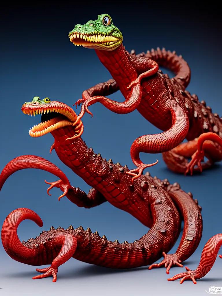 Image similar to hyperrealistic rendering, alligator earthworm by bernie wrightson and killian eng and joe fenton, product photography, action figure, sofubi, studio lighting, colored gels, colored background